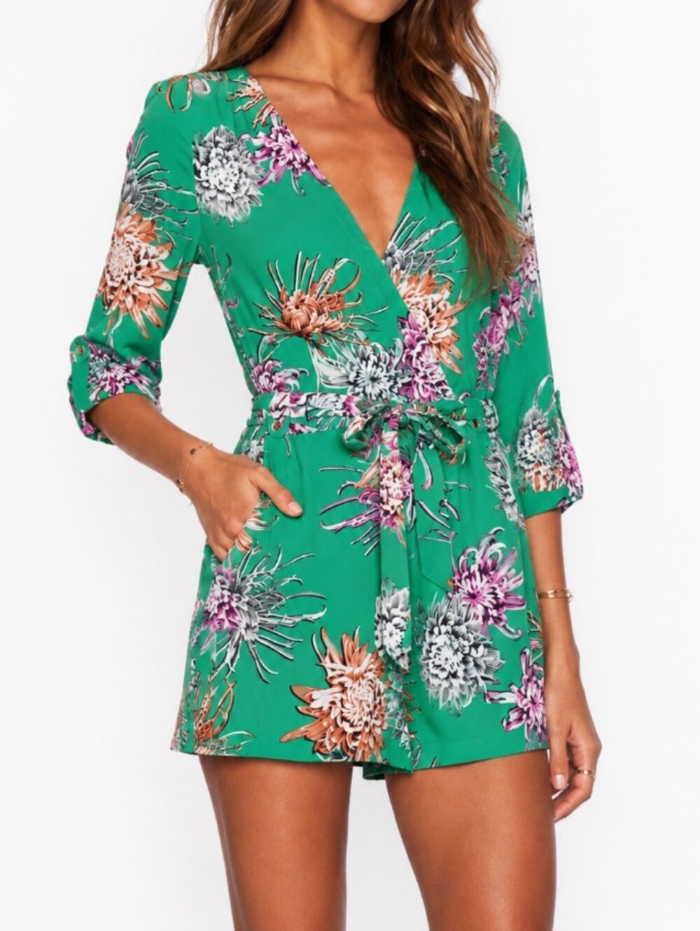 Yumi Kim Liz Green Floral Silk Romper Sz S 3/4 Sleeve V-Neck Belted Pockets